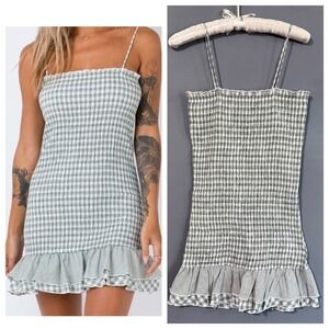 100% Cotton Green Smocked Gingham Bodycon Dress with Ruffle Mink Pink  XS